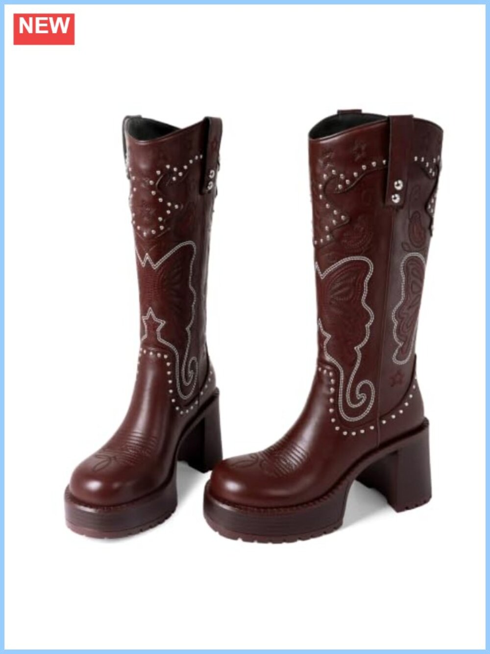Leather Knee High Western Boots Platform Chunky Heel - Picture 1 of 6